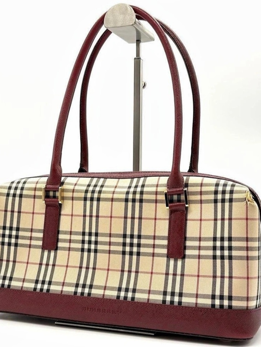 Burberry Haymarket Check Barrel Bag Plaid Satchel in Red & Beige